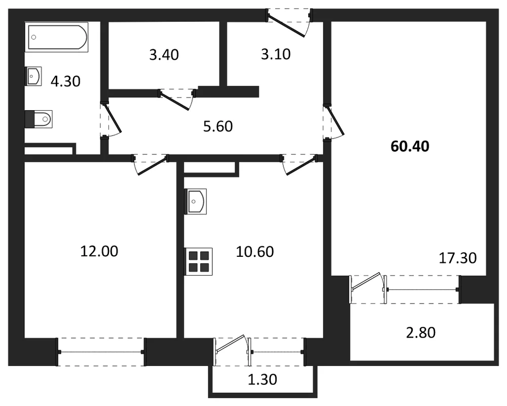 Планировка: 2-комн., 60,4 м²