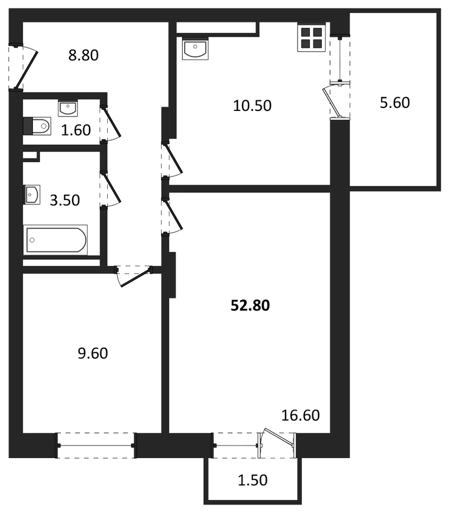 Планировка: 2-комн., 52,6 м²