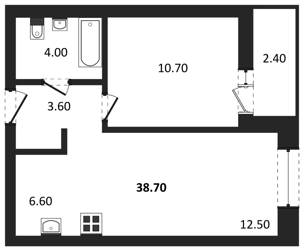 Планировка: 1-комн., 38,7 м²