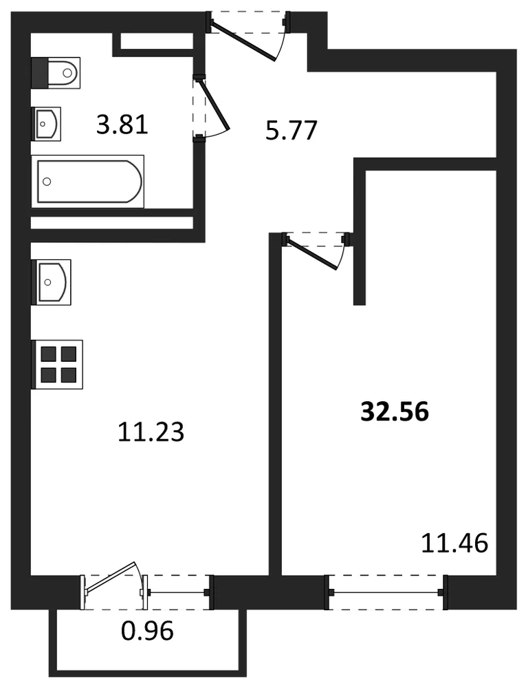 Планировка: 1-комн., 32,6 м²