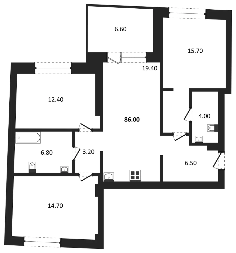 Планировка: 3-комн., 86 м²