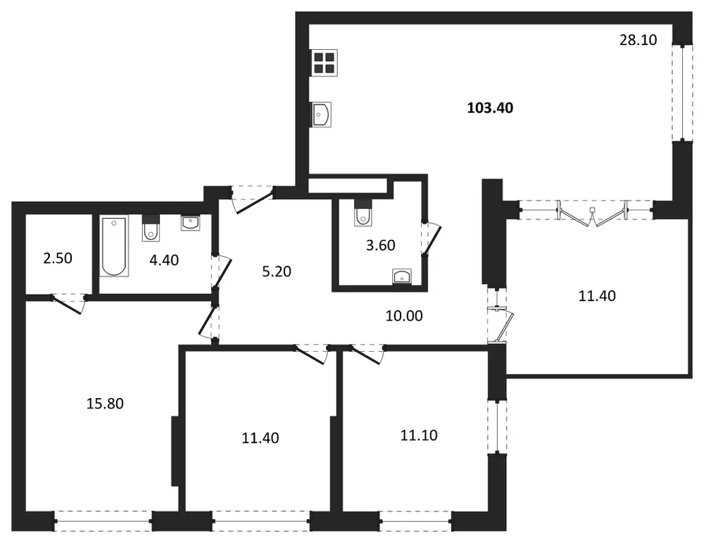 Планировка: 3-комн., 103,4 м²