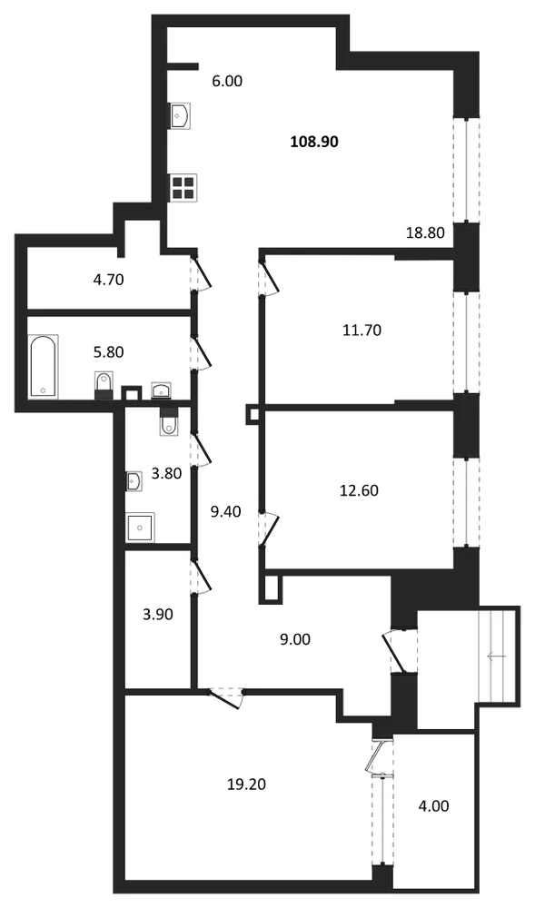 Планировка: 3-комн., 108,5 м²