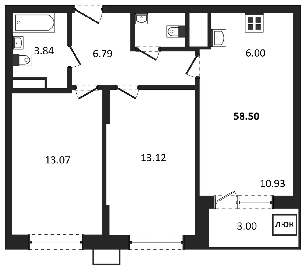 Планировка: 2-комн., 58,5 м²