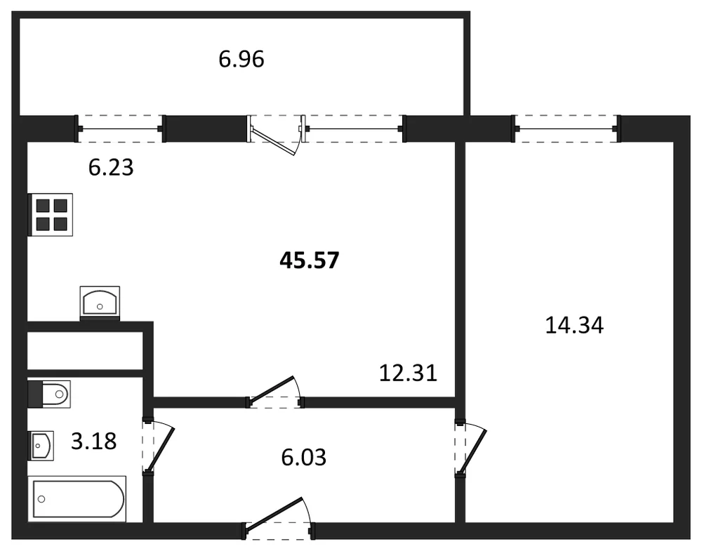 Планировка: 2-комн., 45,6 м²