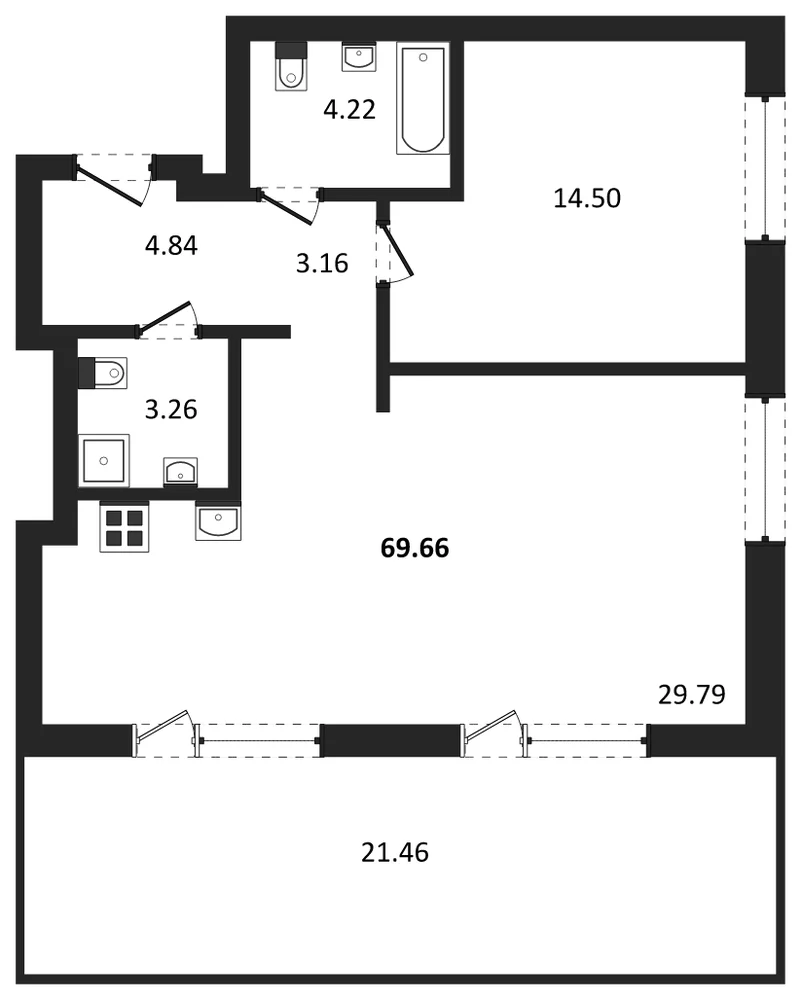 Планировка: 1-комн., 69,4 м²