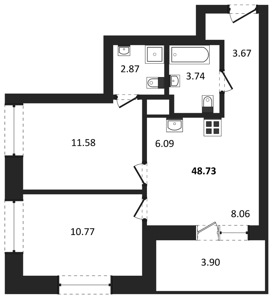 Планировка: 2-комн., 48,7 м²