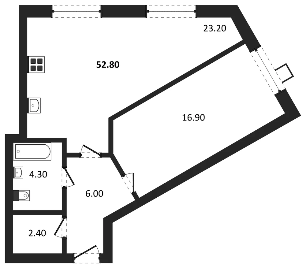 Планировка: 1-комн., 52,8 м²