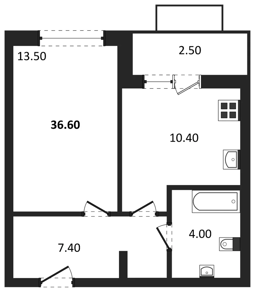 Планировка: 1-комн., 36,6 м²