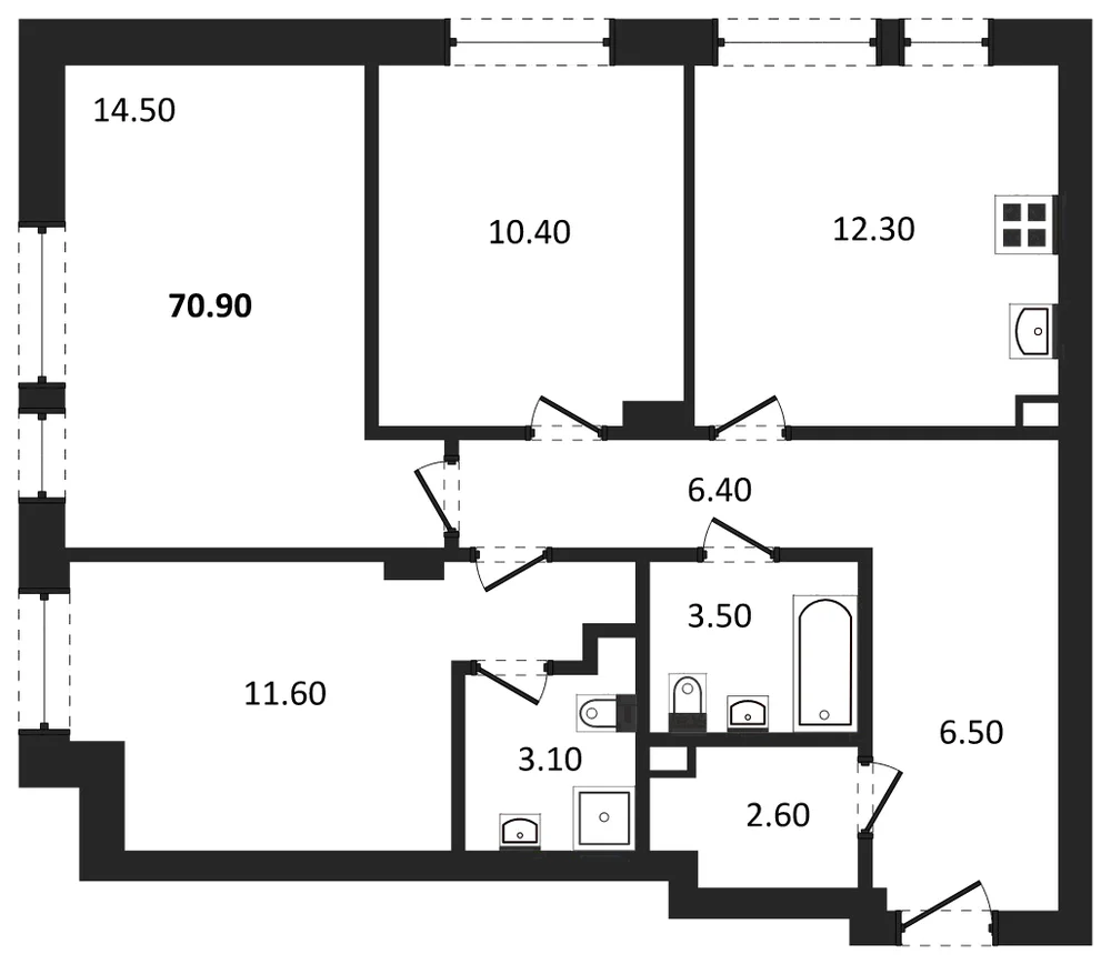 Планировка: 3-комн., 70,9 м²