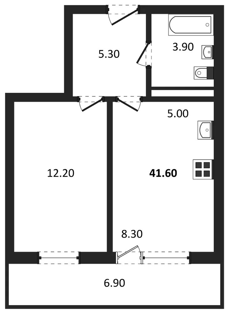 Планировка: 1-комн., 41,6 м²
