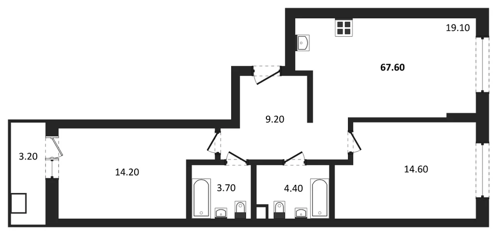 Планировка: 2-комн., 67,6 м²