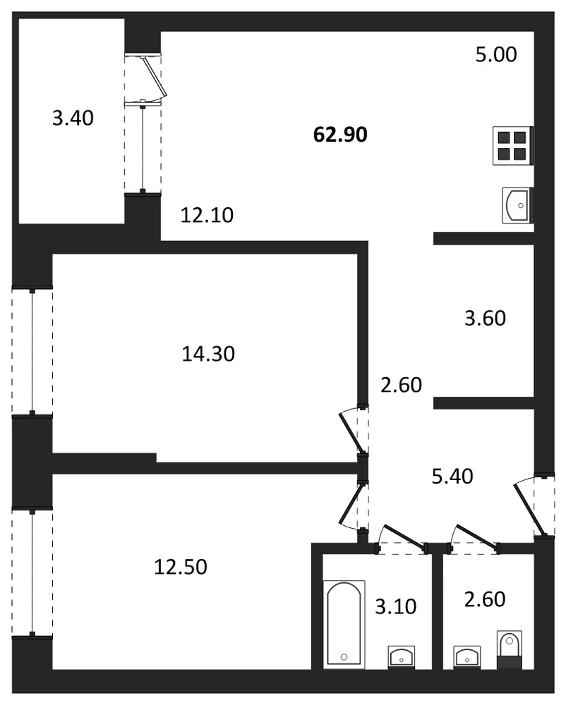 Планировка: 3-комн., 62,9 м²