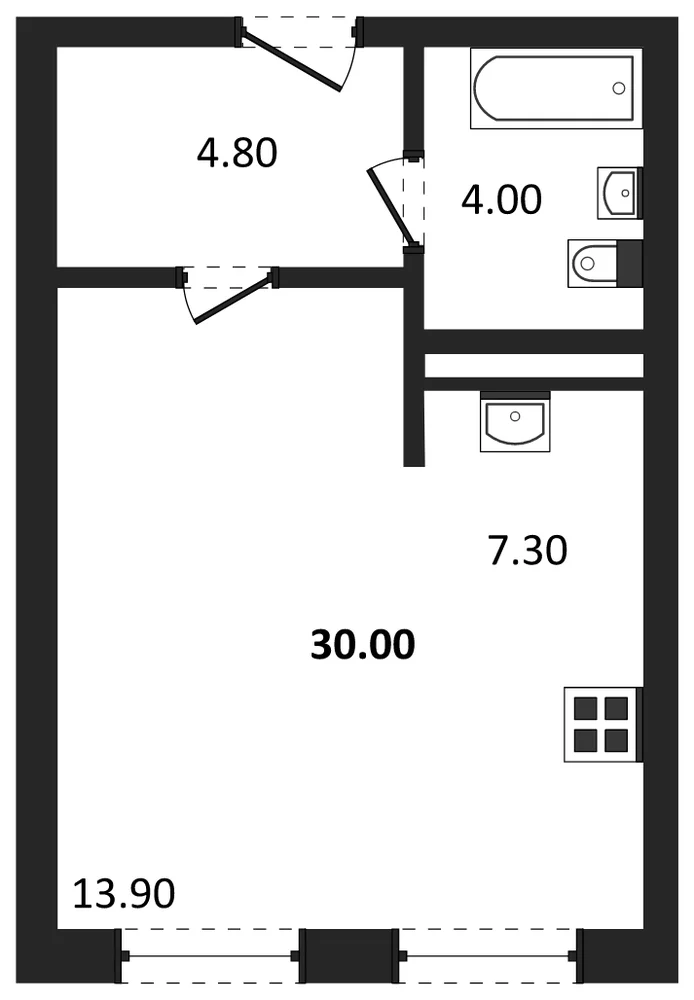 Планировка: Студия, 30 м²
