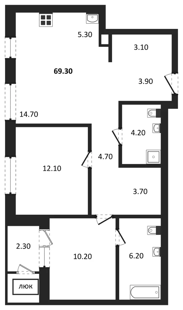 Планировка: 3-комн., 69,3 м²