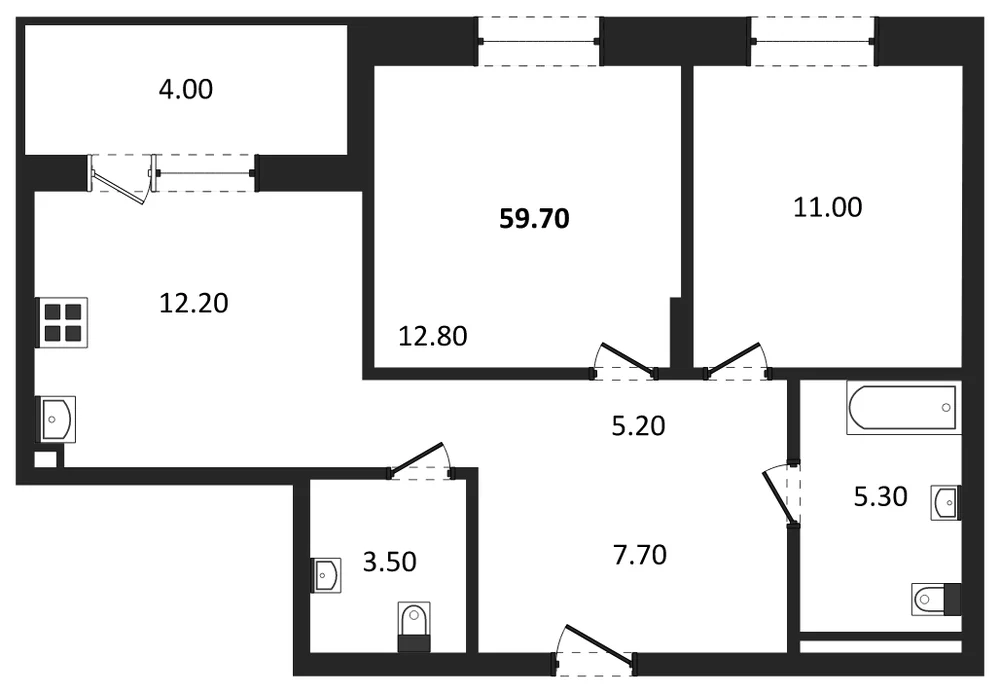 Планировка: 2-комн., 59,7 м²
