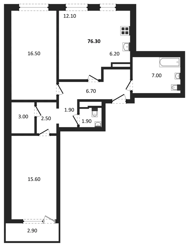Планировка: 2-комн., 76,3 м²