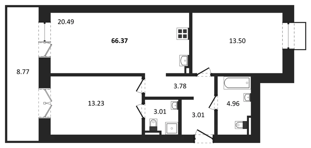Планировка: 2-комн., 66,4 м²