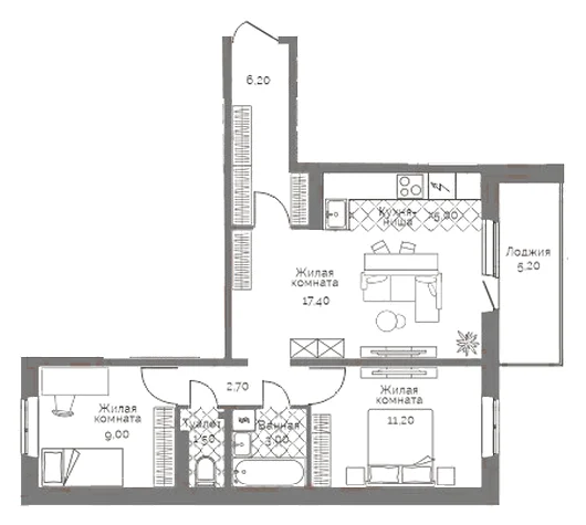 Планировка: 2-комн., 58,6 м²