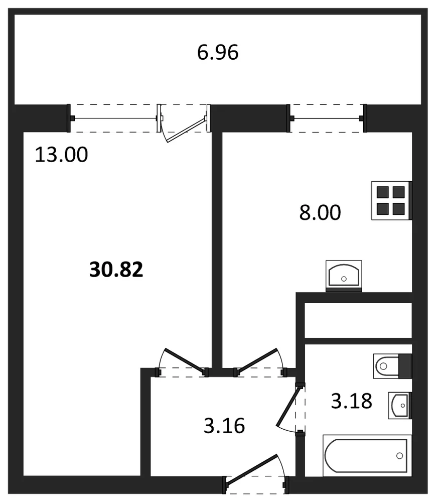 Планировка: 1-комн., 30,8 м²