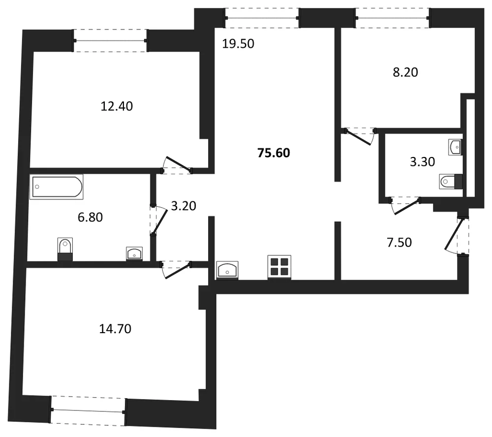 Планировка: 3-комн., 75,6 м²