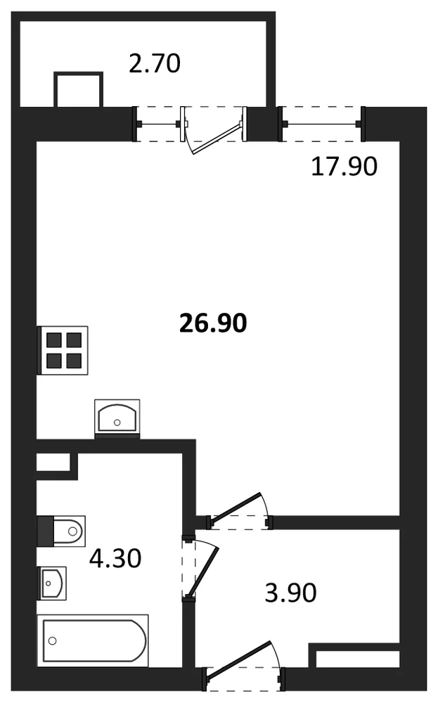 Планировка: Студия, 26,9 м²