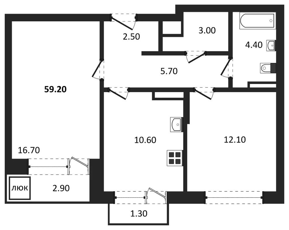 Планировка: 2-комн., 59,2 м²