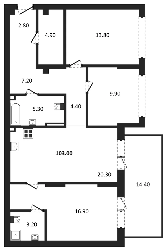 Планировка: 3-комн., 103 м²