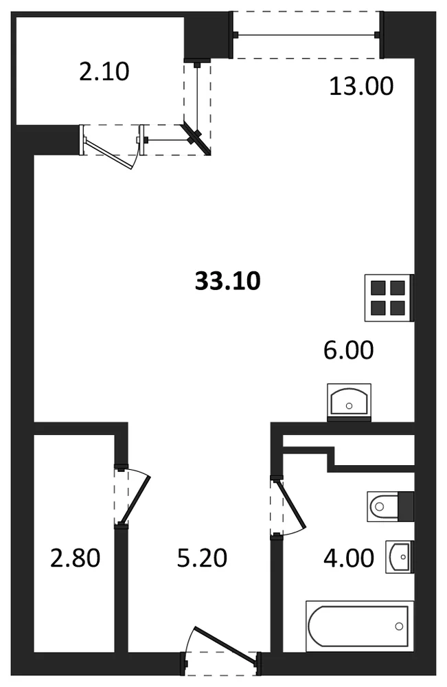 Планировка: Студия, 33,1 м²