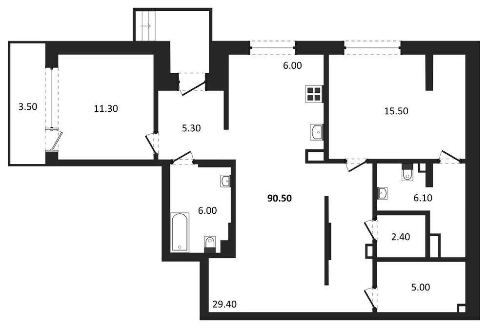 Планировка: 2-комн., 90,5 м²