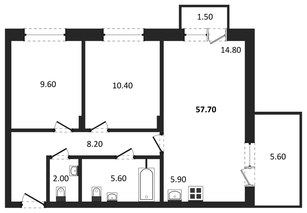 Планировка: 2-комн., 57,7 м²