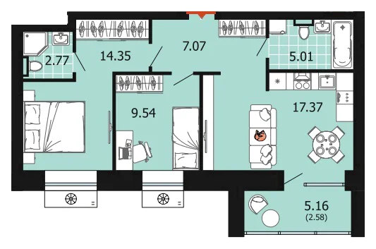 Планировка: 2-комн., 58,7 м²