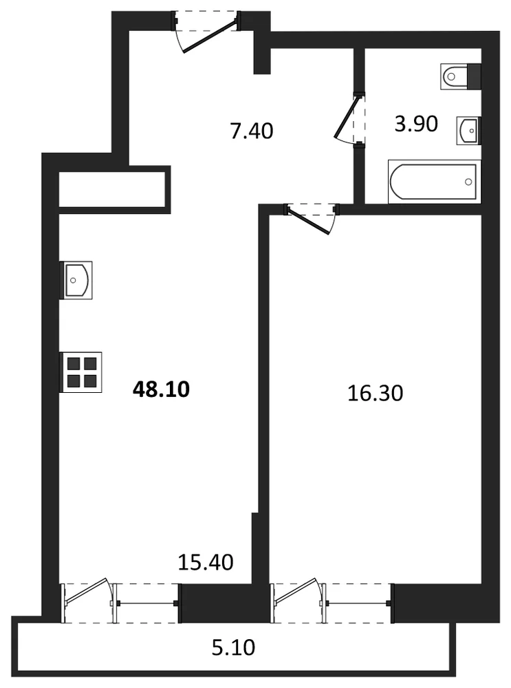 Планировка: 1-комн., 44,5 м²