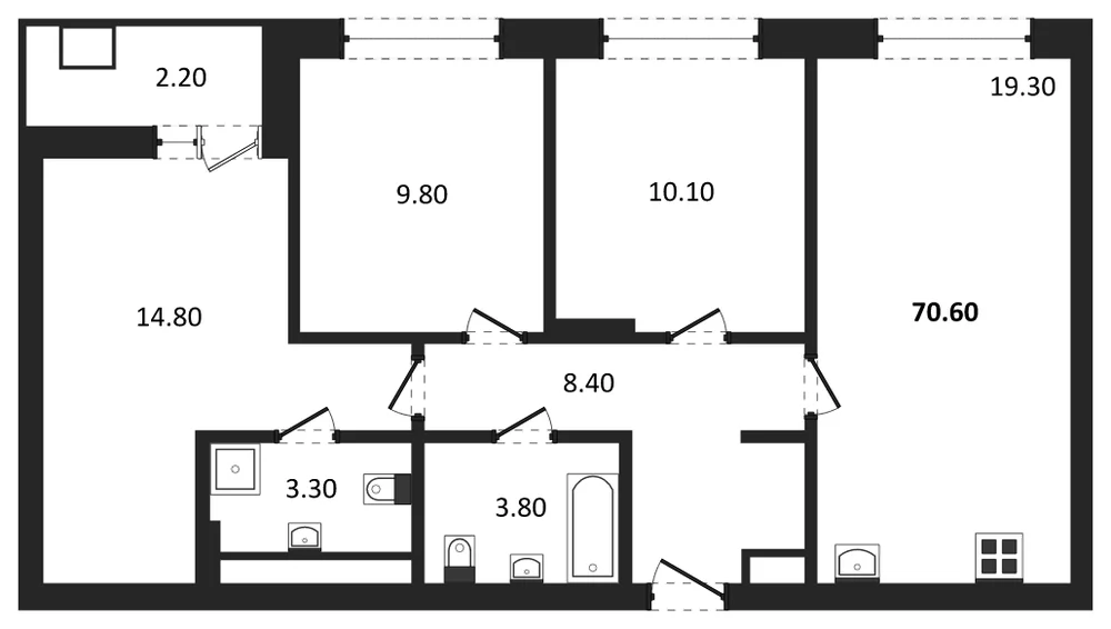 Планировка: 3-комн., 70,6 м²