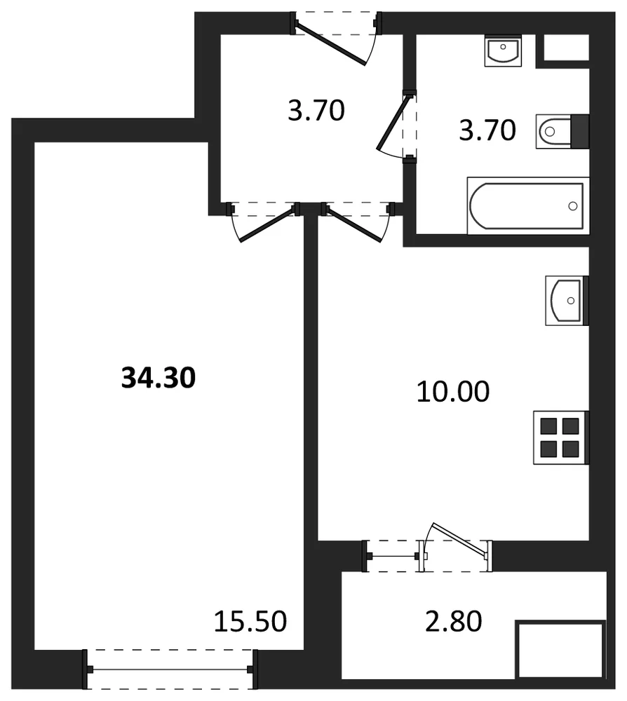 Планировка: 1-комн., 34,4 м²