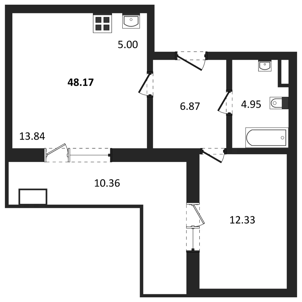 Планировка: 1-комн., 48,2 м²