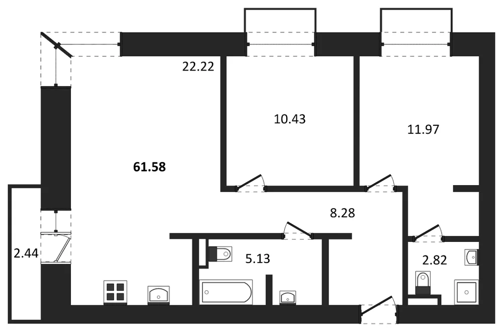 Планировка: 2-комн., 61,6 м²