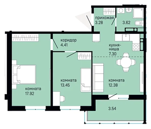 Планировка: 2-комн., 65,9 м²