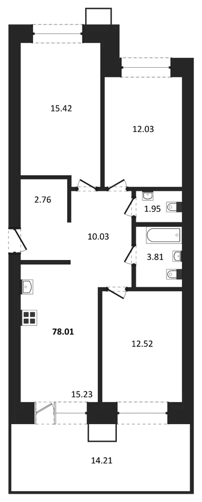 Планировка: 3-комн., 77,9 м²