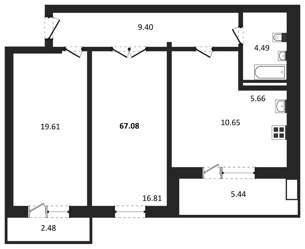 Планировка: 2-комн., 62,4 м²