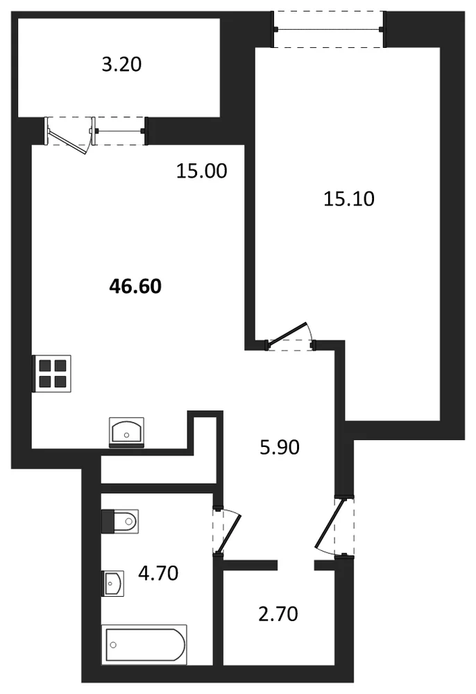 Планировка: 1-комн., 45 м²