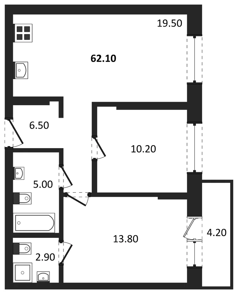 Планировка: 2-комн., 59,2 м²