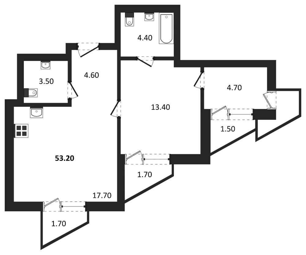 Планировка: 1-комн., 53,2 м²