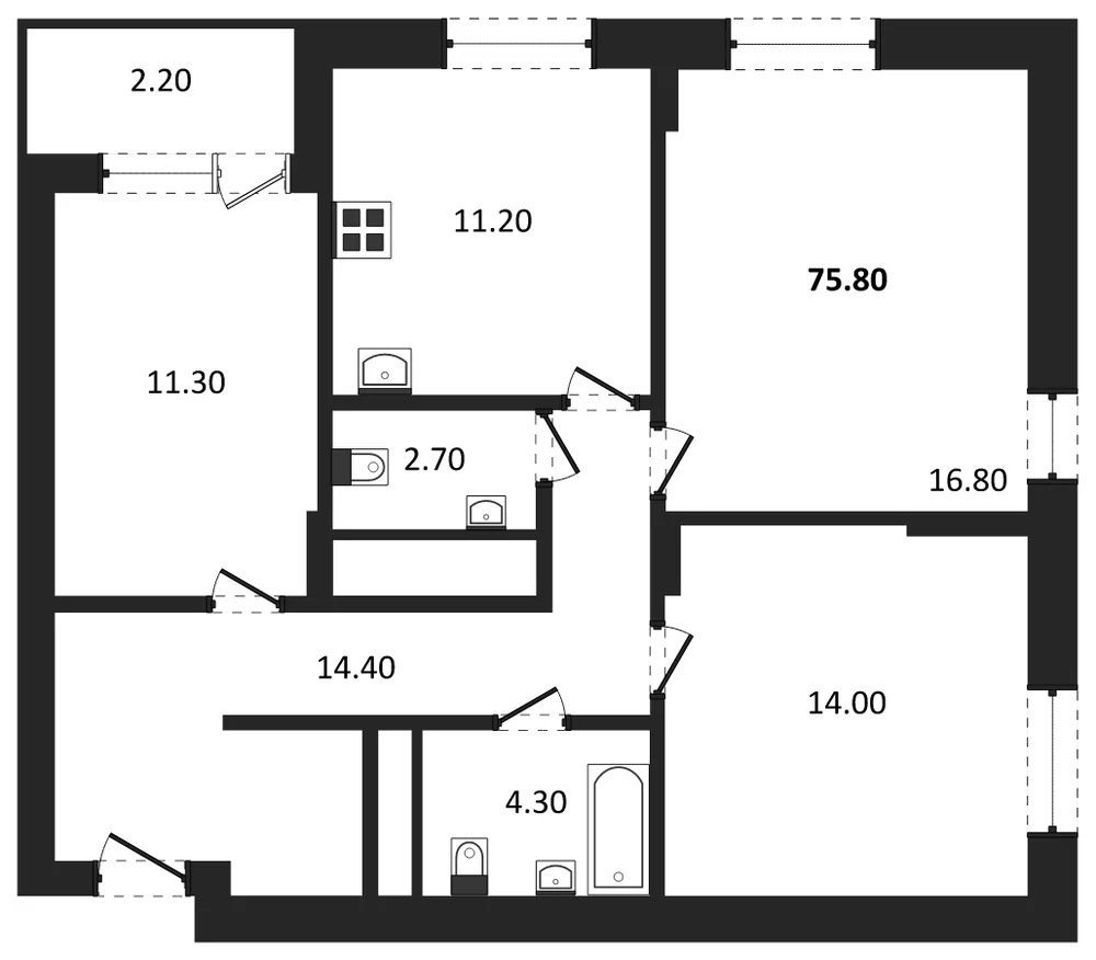 Планировка: 3-комн., 75,8 м²