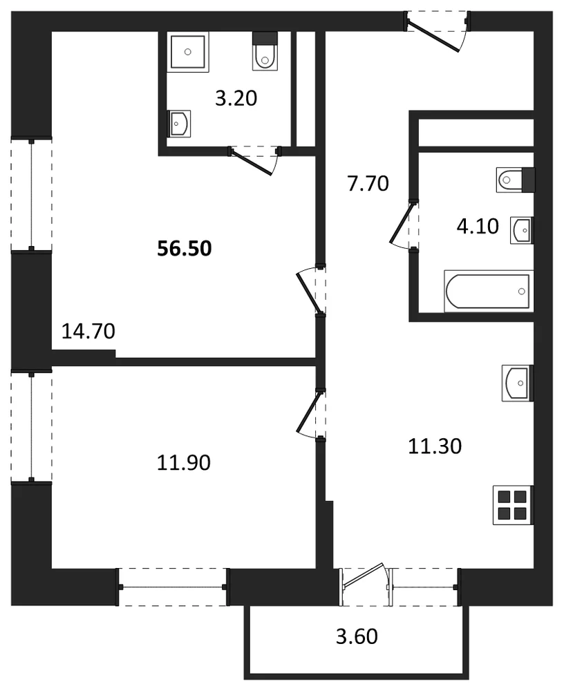 Планировка: 2-комн., 54 м²