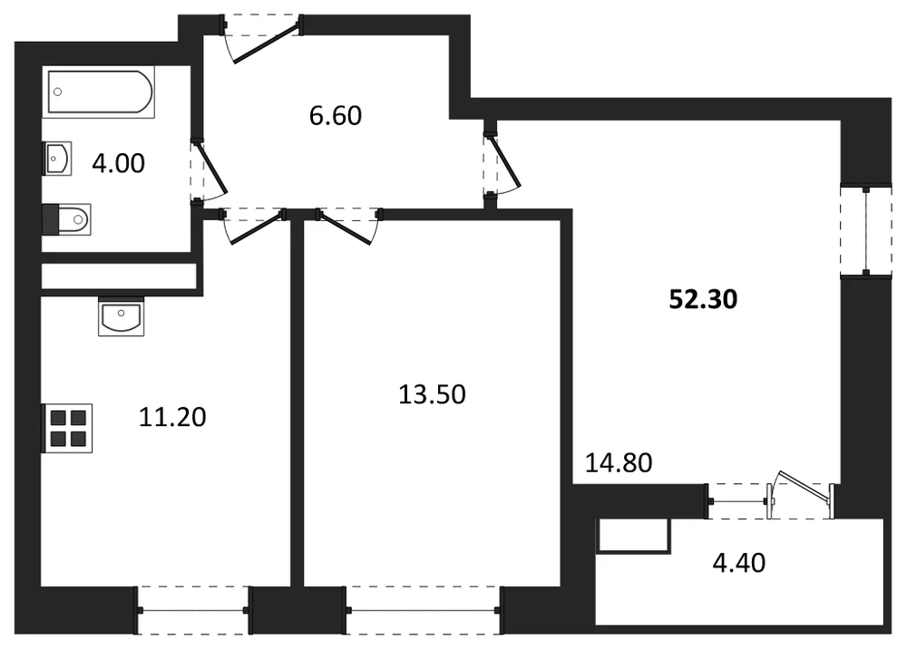 Планировка: 2-комн., 52,3 м²