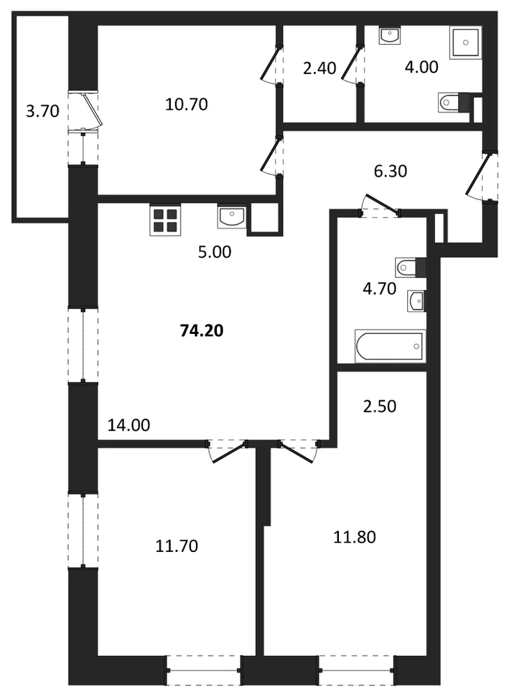 Планировка: 3-комн., 74,2 м²