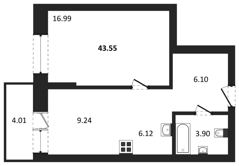 Планировка: 1-комн., 43,6 м²