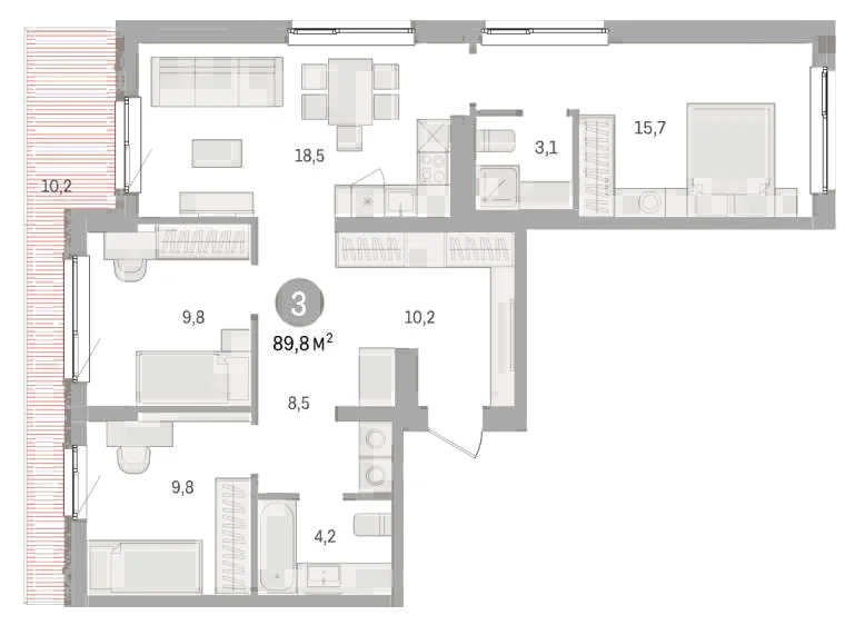 Планировка: 3-комн., 89,8 м²