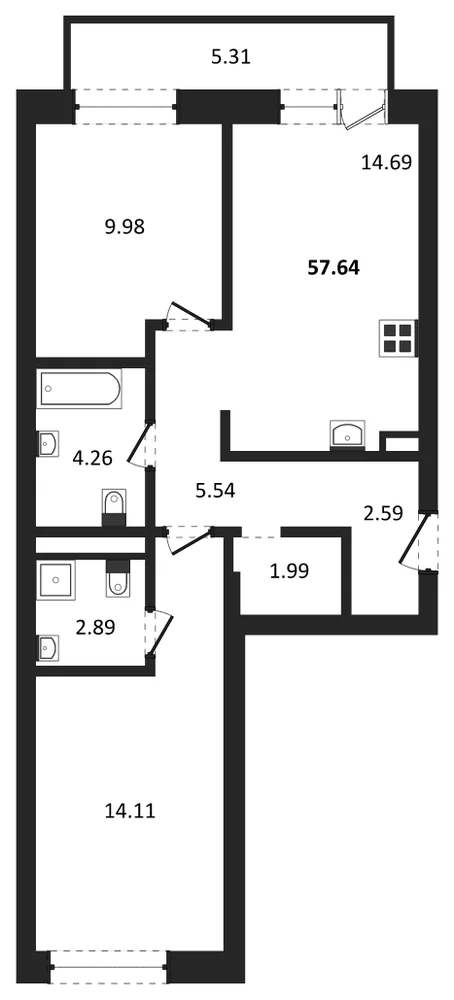 Планировка: 2-комн., 57,6 м²